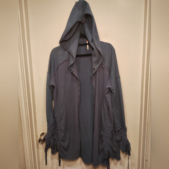 Free People Jackets & Blazers - Free People Blue Get Yer Gauze Ruched Hooded Cardigan Distressed Jacket L Boho